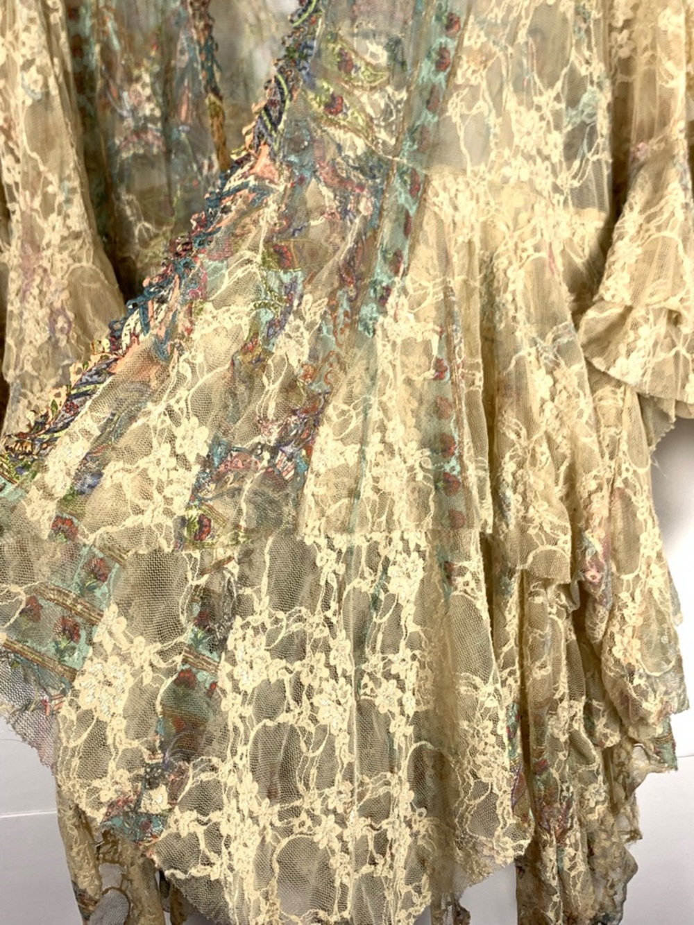 Origami Kimono Cardigan L Beige Lace Hi Low Boho Open Front Ruffle Sheer - Picture 8 of 16